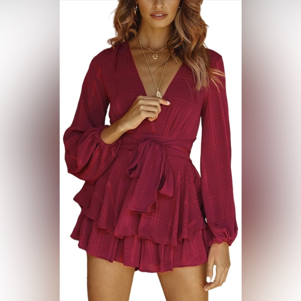 Relipop Flowy Long Sleeve Burgundy Romper - Size: S
